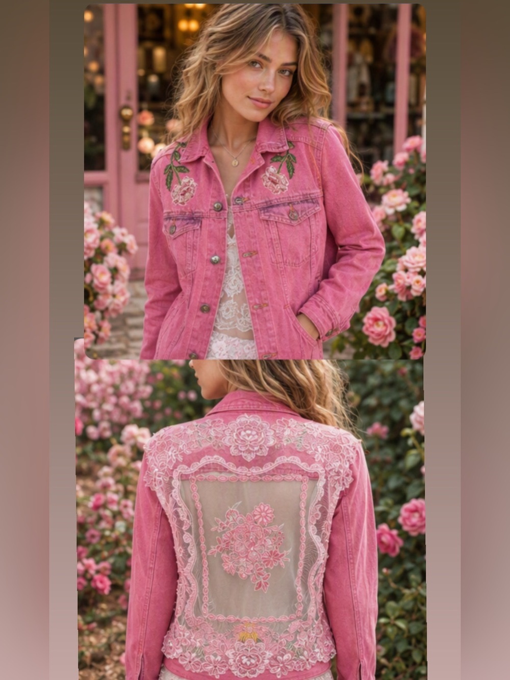 🎀🌷100% Cotton Pink Denim Jacket w/ Sheer Floral Embroidery Back 🎀🌷 DreamDoll